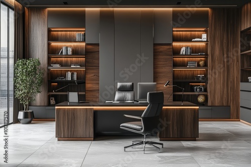 Gray and wooden CEO office interior, Generative AI