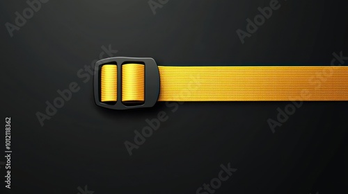 A close-up of a yellow strap with a black buckle against a dark background.