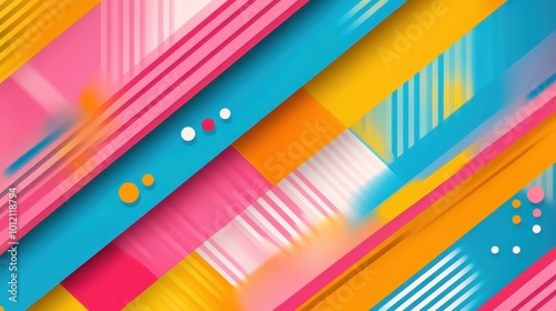 This image features dynamic diagonal stripes in vivid colors like pink, blue, yellow, and white, creating a lively and energetic abstract composition. photo