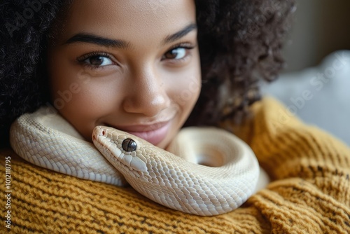 White rat snake enlacing arm of young African American female owner holding pet while enjoying animal assisted therapy in living room, Generative AI photo