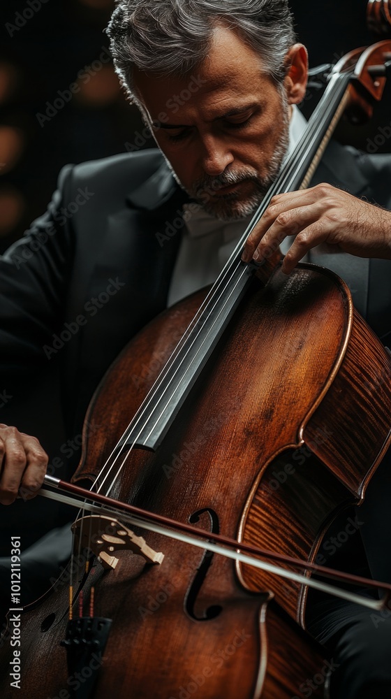 Vertical cropped shot of passionate unrecognizable male musician in black suit playing cello putting on classical music concert in dark studio with dim, Generative AI Vertical cropped shot of passionate unrecognizable male musician in black suit playing cello putting on classical music concert in dark studio with dim, Generative AI