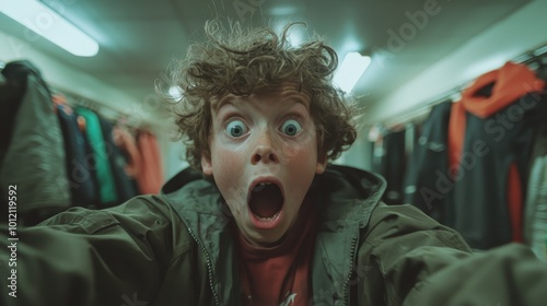 In a corridor lined with clothing, a child displays surprise, evoking classic charm and curiosity in a setting that intertwines fashion and discovery. photo