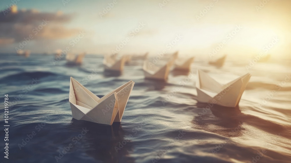 Obraz premium A serene scene of paper boats floating on water during sunset.
