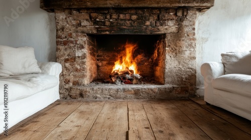 A warm, inviting fireplace crackling with flames set between two white sofas in a rustic, cozy room, creating an atmosphere of comfort and relaxation.