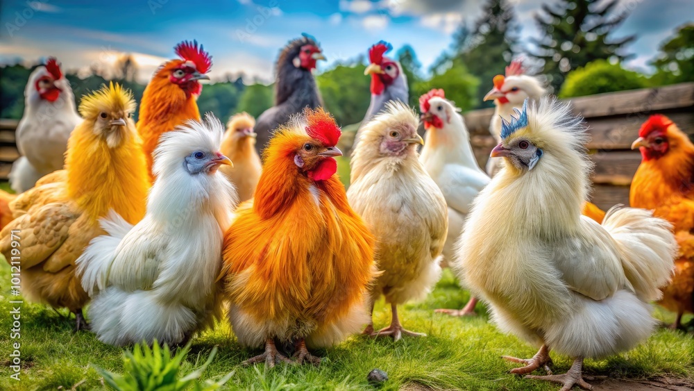 Fototapeta premium Diverse Breeds of Silkie Chickens Displaying Unique Features in a Natural Farm Environment
