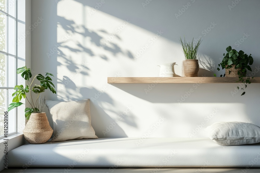 White living room interior with empty shelf and window. Mockup empty wall, Generative AI White living room interior with empty shelf and window. Mockup empty wall, Generative AI