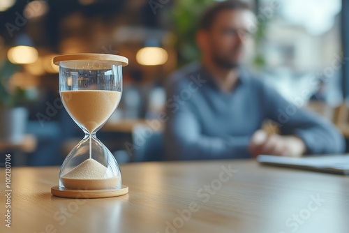 Closeup of hourglass on table with blurred shape of man waiting in background, copy space, Generative AI photo