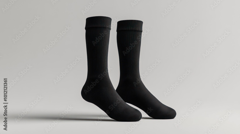 A pair of black socks displayed against a neutral background. A pair of black socks displayed against a neutral background.