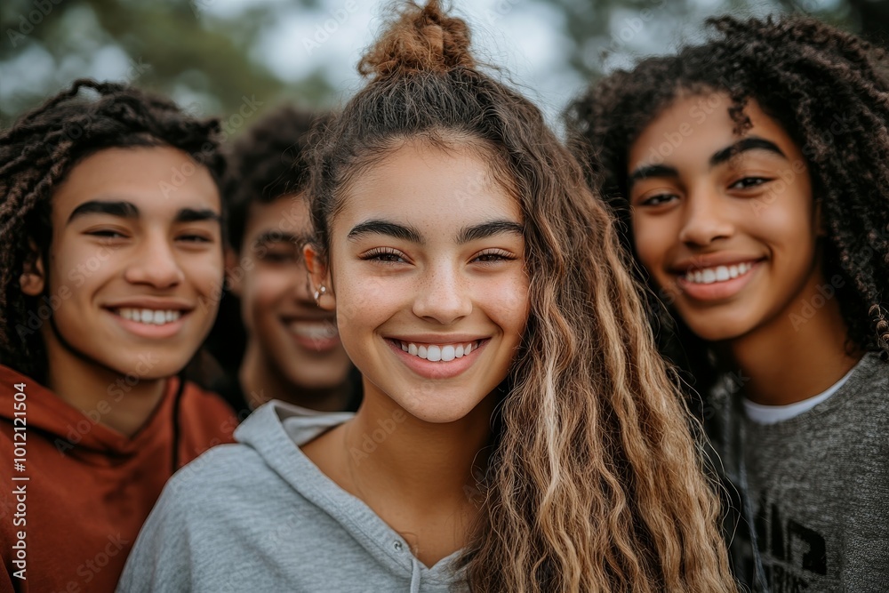 Diverse group of young students enjoying day on campus and smiling happily, Generative AI Diverse group of young students enjoying day on campus and smiling happily, Generative AI