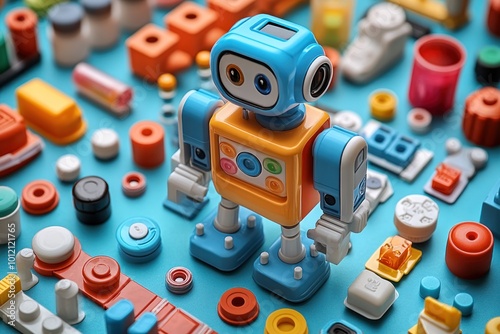 A small, friendly toy robot stands on a blue surface surrounded by colorful plastic pieces.