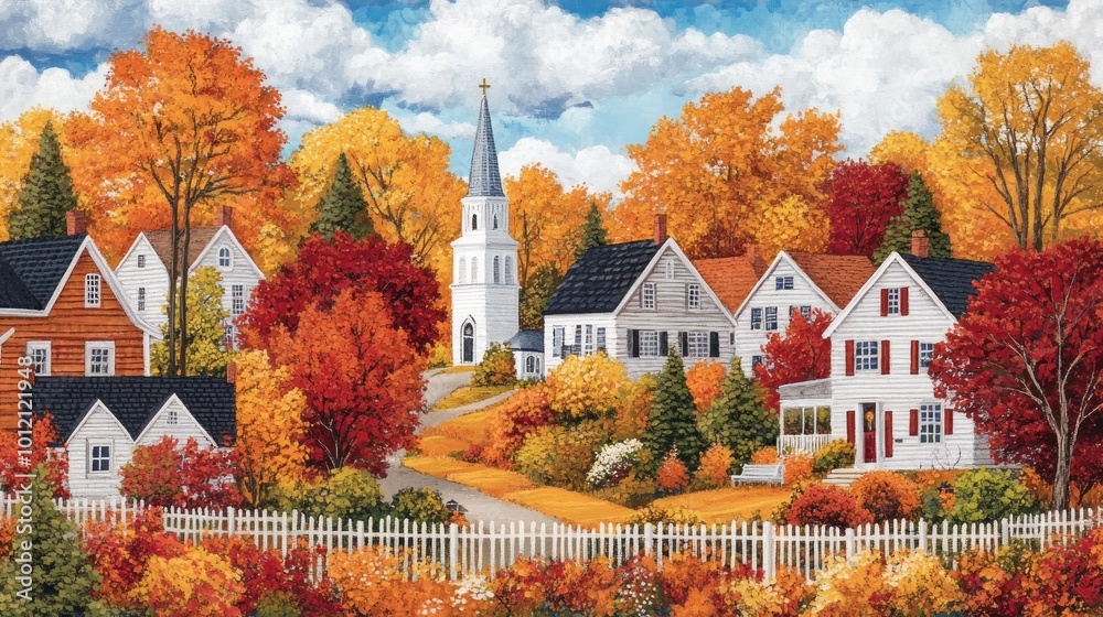 Obraz premium A picturesque autumn scene featuring colorful trees and charming houses with a church steeple.