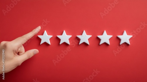 Hand Touching Five Stars on Red Background: Flat Design Illustration Representing Perfect Customer Experience and Positive Reviews for Business photo