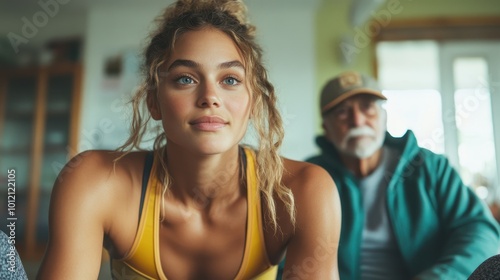 A vibrant young woman is captured in a moment of focus and energy, ready to engage in a dynamic exercise class, surrounded by a lively fitness environment.