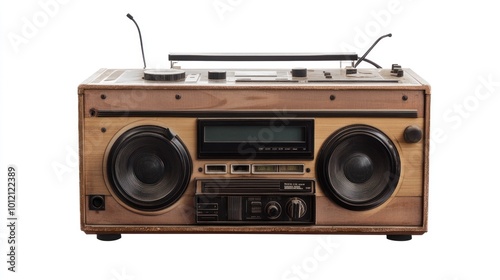 A vintage boombox with cassette player and radio features, designed for music playback.