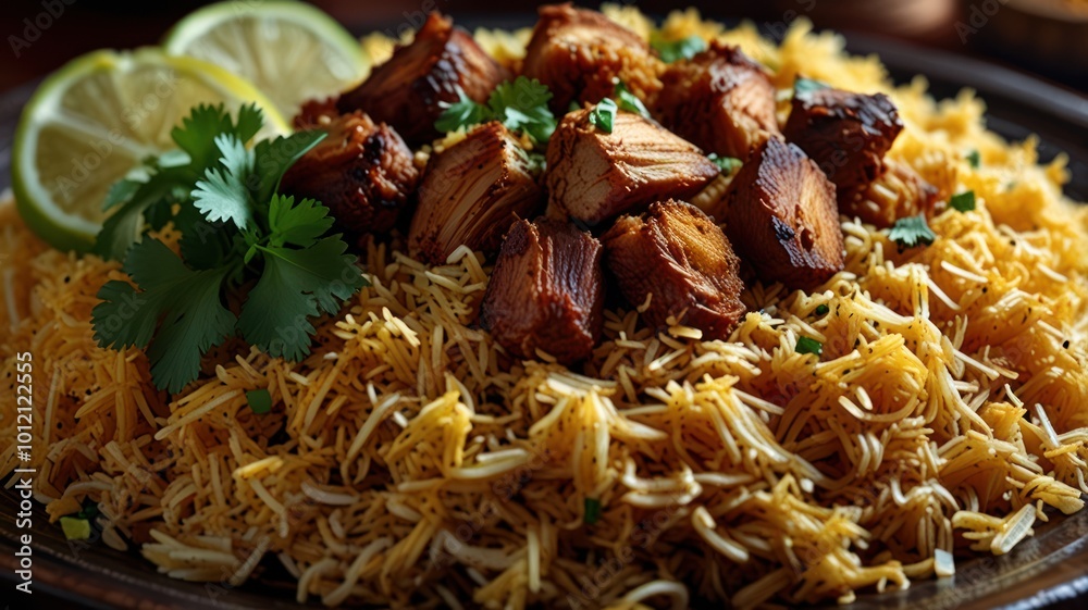 a realistic illustration of a Hyderabadi biryani a realistic illustration of a Hyderabadi biryani