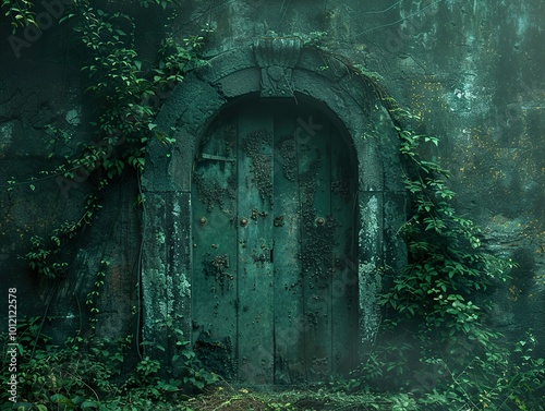 Overgrown Stone Wall With Ancient Green Door photo