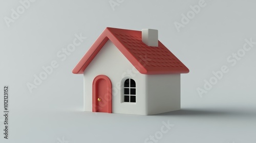 A 3D model of a simple house with a red roof and door, designed for visual representation.