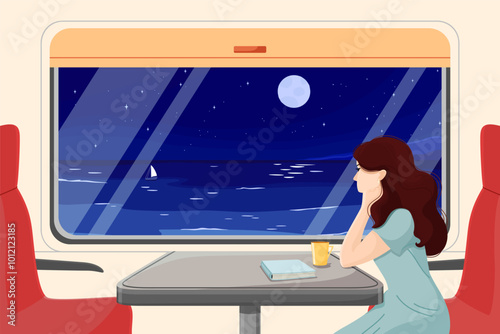 A girl on a train looks out the window at the night sea. Travel by train in comfort. Hand drawn vector colorful illustration. A book and a cup of tea on the table.