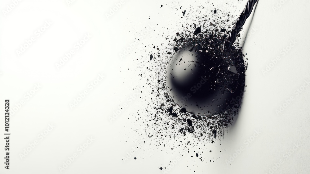 A black sphere shatters, creating an explosion of fragments and liquid. A black sphere shatters, creating an explosion of fragments and liquid.