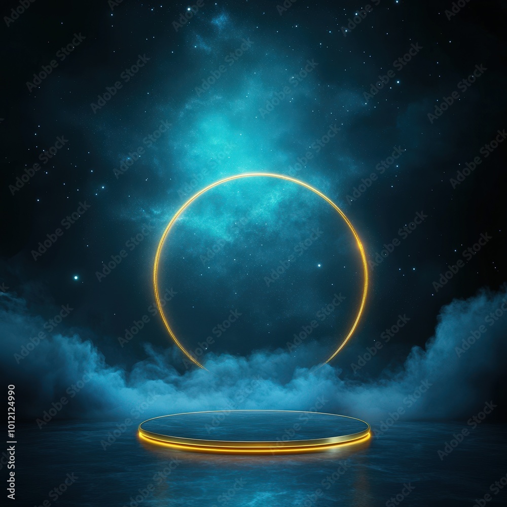 Obraz premium Futuristic Glowing Circle Stage with Starry Sky Background.