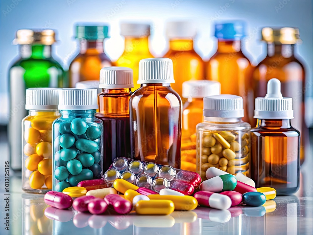 Diverse Selection of Prescription Medications in Various Bottles and Blister Packs on White Background Diverse Selection of Prescription Medications in Various Bottles and Blister Packs on White Background