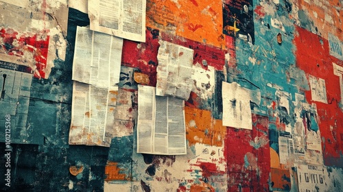 A textured wall covered with colorful papers and articles, creating a vibrant collage effect.