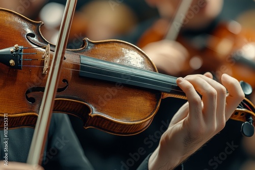 Close up on hand of unrecognizable female string ensemble musician playing on violin moving fingers on fretboard on blurred background, focus on hand, Generative AI