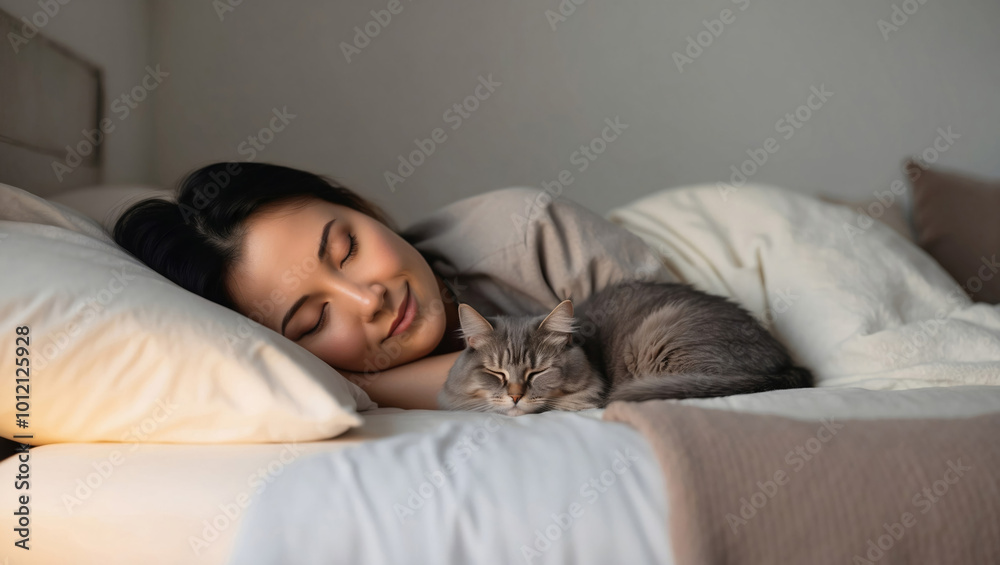 A woman sleeps with a cat in bed at home. A woman sleeps with a cat in bed at home.