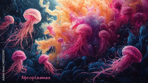 An underwater fantasy scene with ethereal jellyfish symbolizing mycoplasmas, moving gracefully through a vibrant ocean, blending art with marine beauty. photo