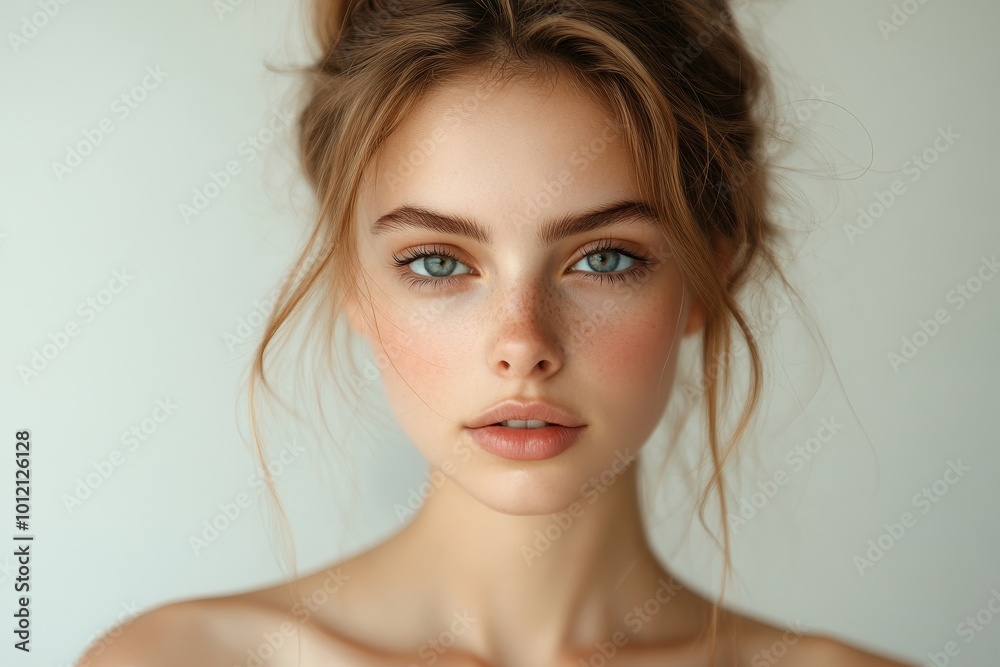 Portrait of soft and elegant young woman with no makeup posing against neutral background in studio copy space, Generative AI Portrait of soft and elegant young woman with no makeup posing against neutral background in studio copy space, Generative AI