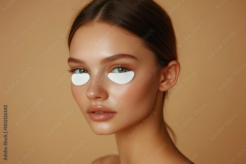Minimal close up portrait of young girl with moisturizing under eye patches posing elegantly looking at camera on beige background, Generative AI Minimal close up portrait of young girl with moisturizing under eye patches posing elegantly looking at camera on beige background, Generative AI