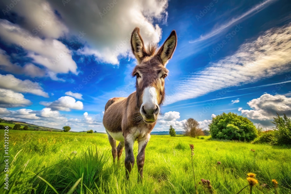 Donkey Bray Sound in a Lush Green Pasture During a Sunny Day with Blue Skies and Fluffy Clouds Donkey Bray Sound in a Lush Green Pasture During a Sunny Day with Blue Skies and Fluffy Clouds