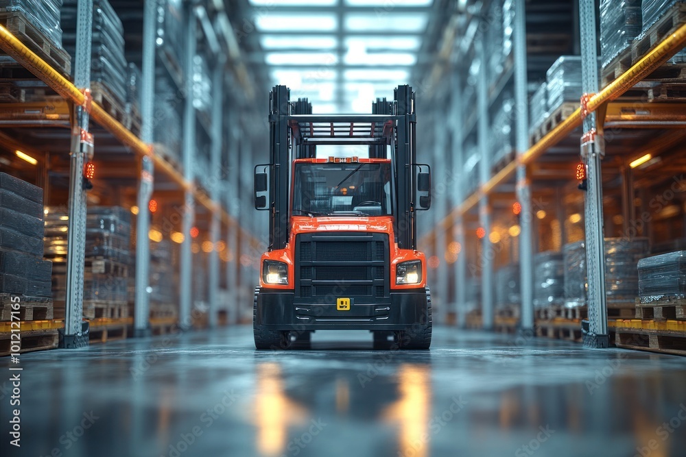 A red forklift in a large warehouse with high shelves stacked with boxes. A red forklift in a large warehouse with high shelves stacked with boxes.
