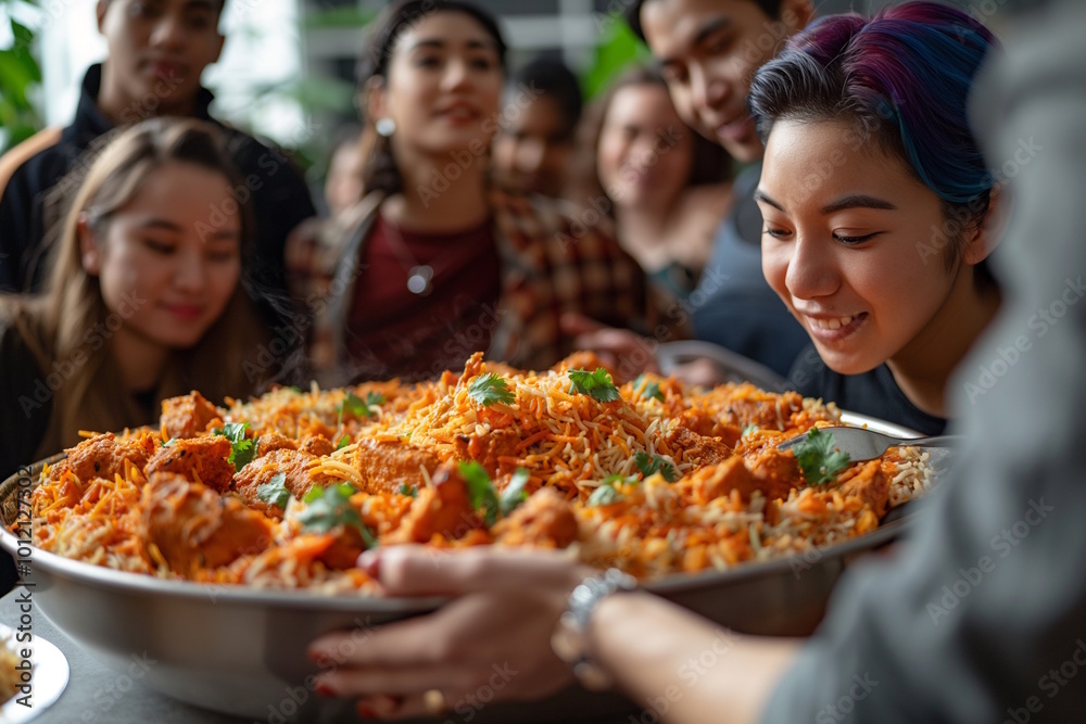 A group of diverse young people gathered around a large bowl of steaming biryani, smiling and enjoying the meal together, creating a sense of unity and celebration of food A group of diverse young people gathered around a large bowl of steaming biryani, smiling and enjoying the meal together, creating a sense of unity and celebration of food