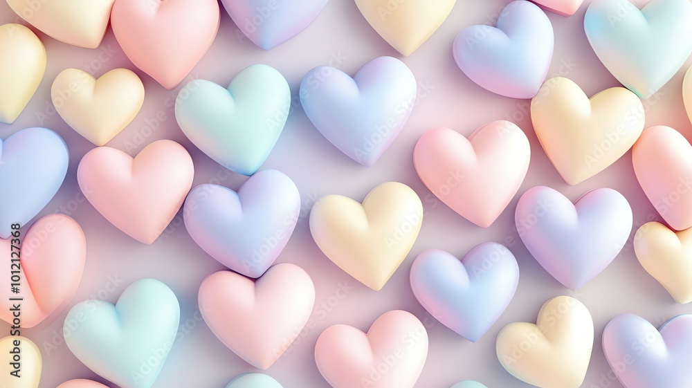 A seamless pattern of 3D hearts in pastel tones, creating a whimsical effect A seamless pattern of 3D hearts in pastel tones, creating a whimsical effect