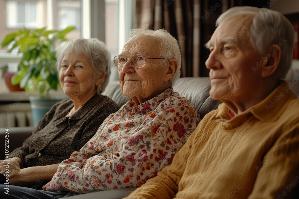 Full length view at group of senior people sitting in circle during therapy session at retirement home, focus on woman crying, copy space, Generative AI Full length view at group of senior people sitting in circle during therapy session at retirement home, focus on woman crying, copy space, Generative AI