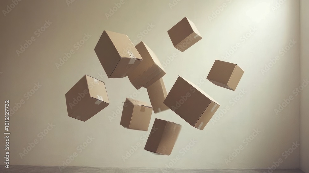 A collection of floating cardboard boxes in a minimalistic setting.