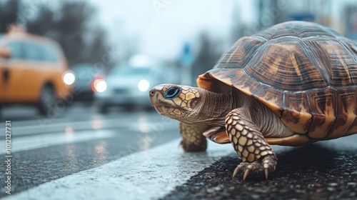 A tortoise walks cautiously on a rainy city street surrounded by reflective puddles, illuminating themes of perseverance, reflection, and solitude amidst urban vibrance. photo