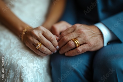 Closeup of mature bride and groom holding hands with focus on golden wedding rings, copy space, Generative AI