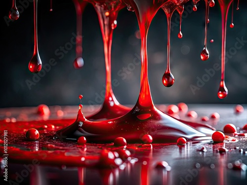 Dramatic Close-Up of Bloody Flux Dripping on a Dark Surface Evoking Intense Emotion and Impact photo