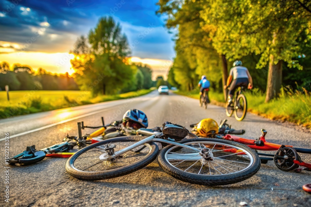 Fototapeta premium Dramatic Cycling Crash on a Road with Bicycles and Gear Scattered Across the Pavement Landscape