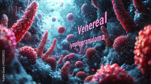 Bright and vivid portrayal of venereal lymphogranuloma virus elements in an imaginative underwater-like environment, highlighting its cellular components. photo