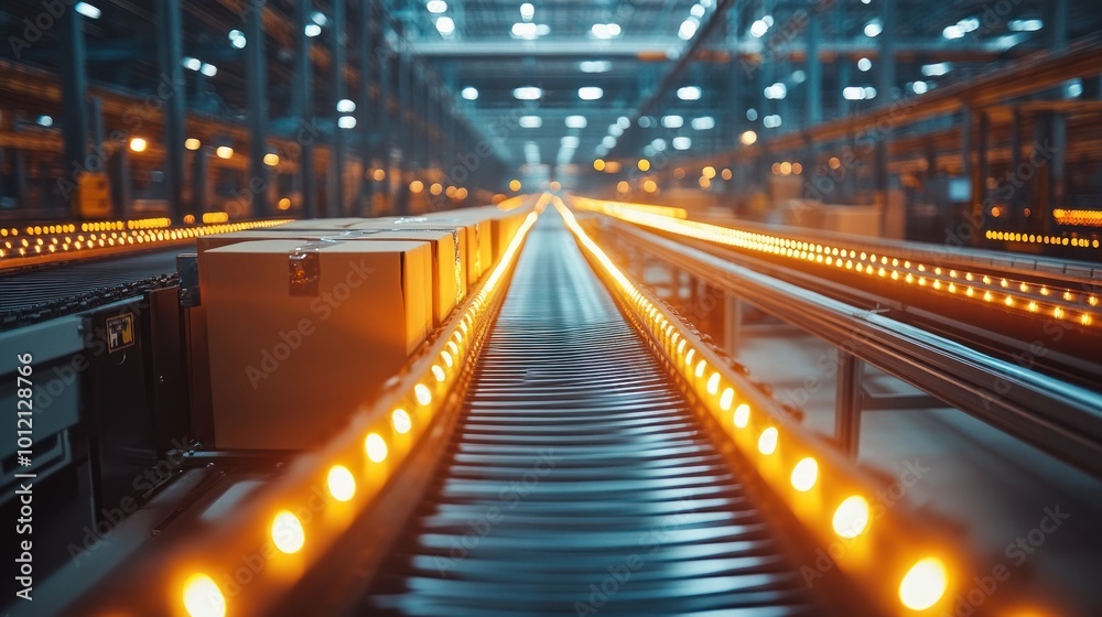 A conveyor belt in a warehouse with packages moving along it. The belt is lit up with yellow lights, and there is a sense of motion and efficiency in the image. A conveyor belt in a warehouse with packages moving along it. The belt is lit up with yellow lights, and there is a sense of motion and efficiency in the image.