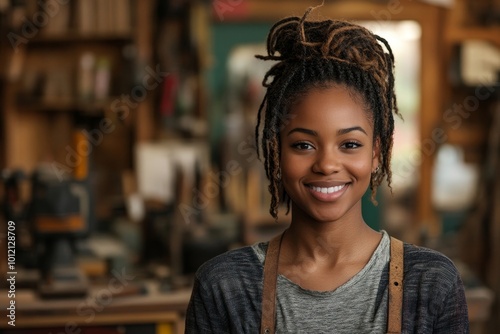 Portrait of young African American gallery worker standing in front of visitors discussing black and white photography, Generative AI