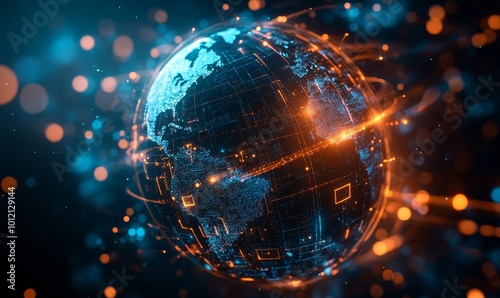 Digital lock over a globe in cyberspace, dark background, concept of cybersecurity and global data protection.  Generative AI