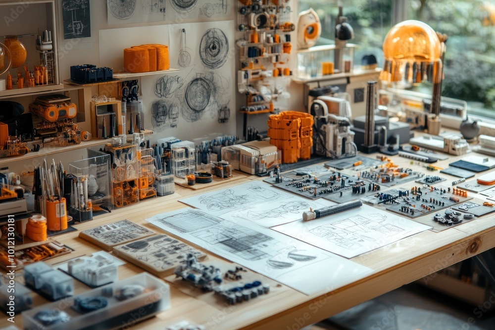 A cluttered workbench with various tools, models, and blueprints. A cluttered workbench with various tools, models, and blueprints.