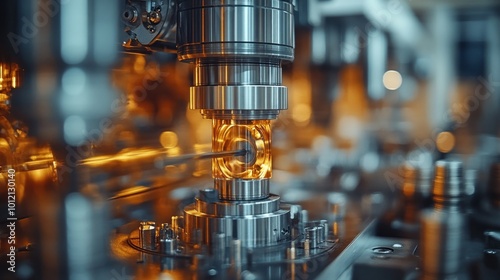 Close-up of a CNC machine drilling a hole in a metal part, sparks flying.