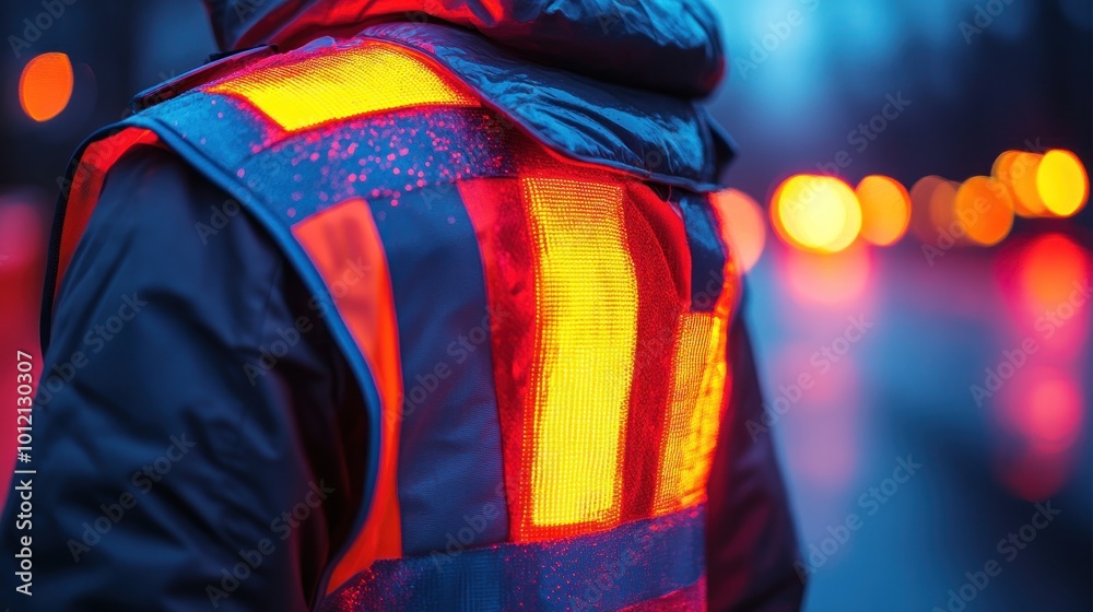 A person wearing a reflective safety vest in the rain with a blurred city background. A person wearing a reflective safety vest in the rain with a blurred city background.