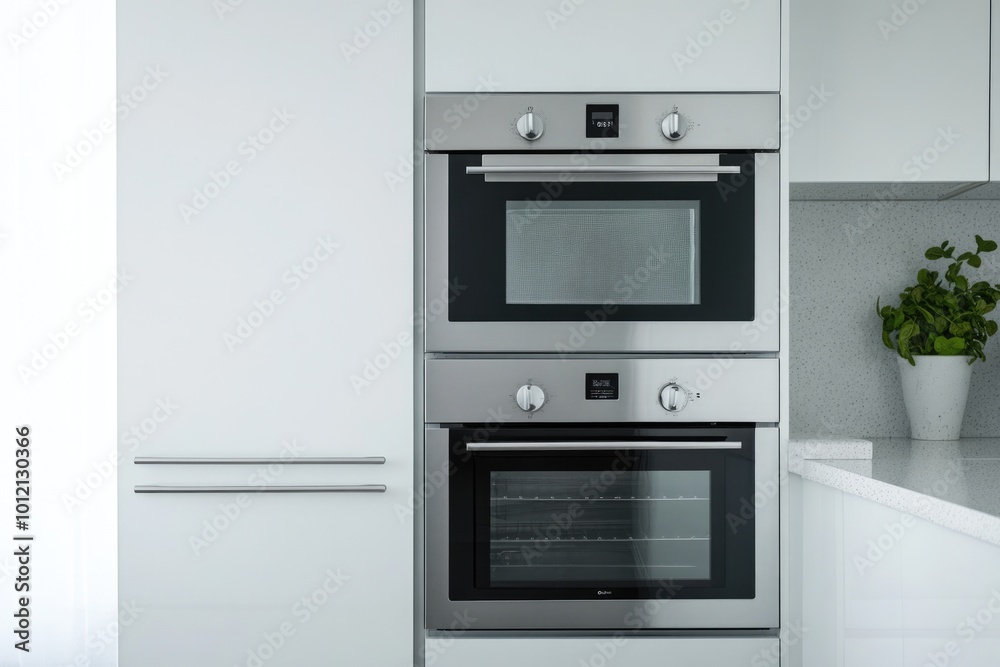 Fototapeta premium Modern White Kitchen Interior with Double Oven and Wooden Flooring