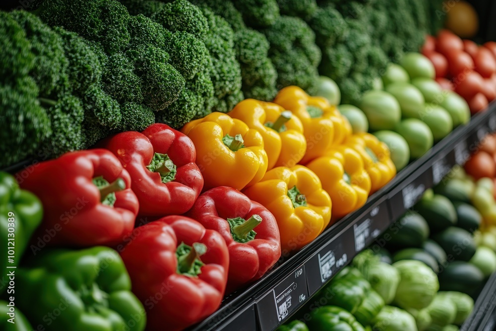 Rows of fresh green bell peppers, red bell peppers, yellow bell peppers, green lettuce, and broccoli on display at a supermarket. Rows of fresh green bell peppers, red bell peppers, yellow bell peppers, green lettuce, and broccoli on display at a supermarket.